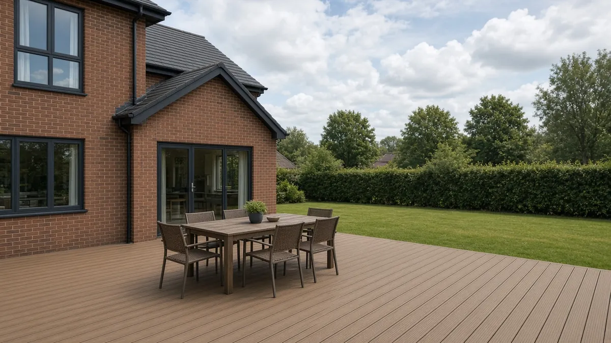 Example image: composite deck on a modern village home with a family garden