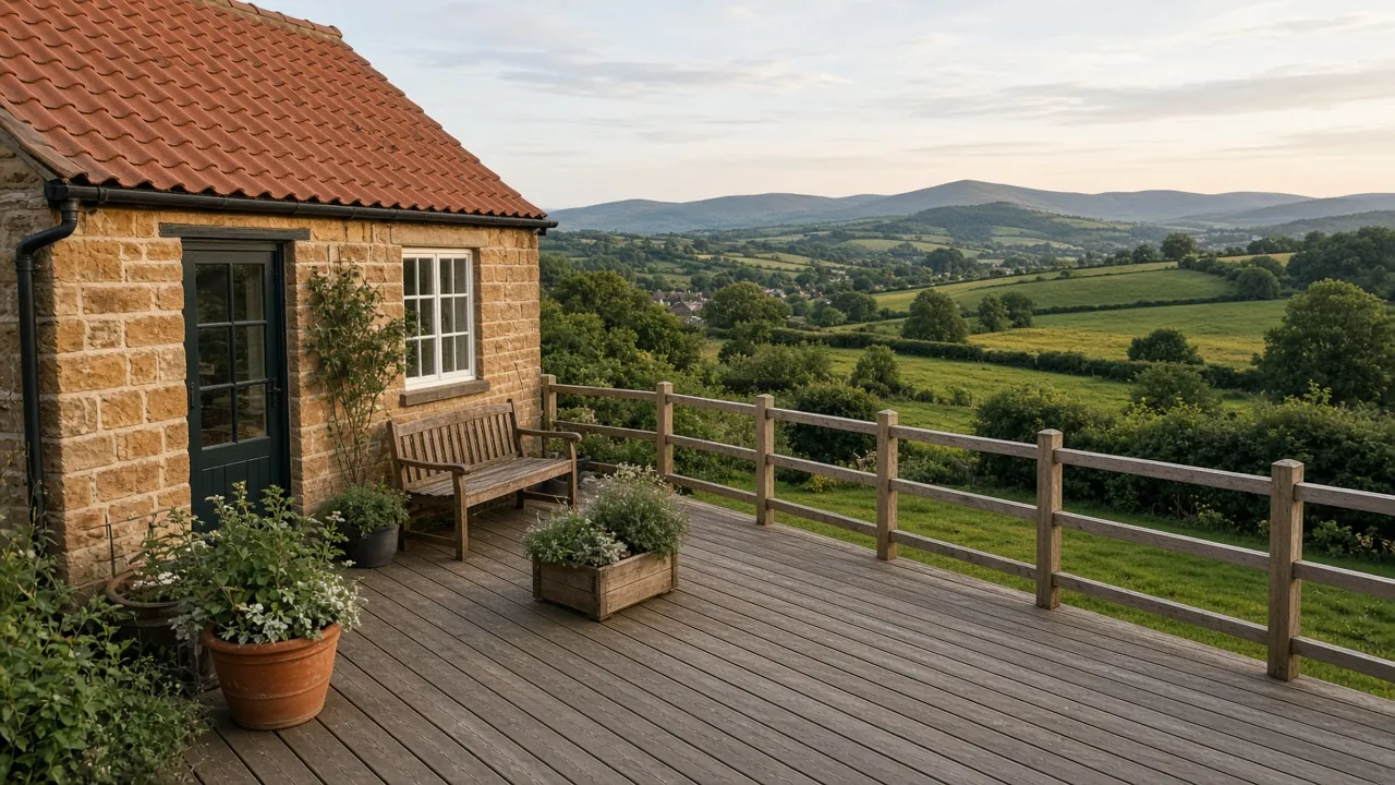 Example image: larch deck behind a stone cottage looking over fields