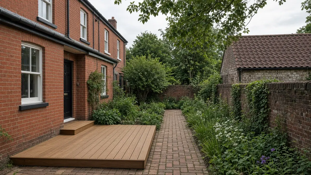 Example image: low treated softwood deck in the long garden of a market-town terrace